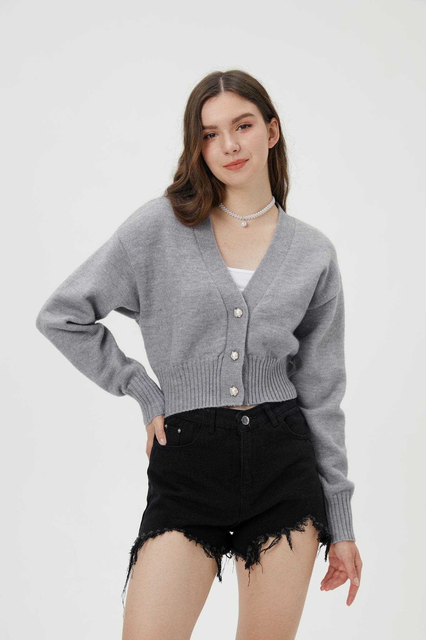 Women's Gray Cardigan Cropped Style