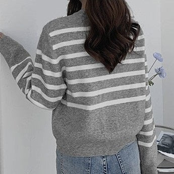 Women's Gray Cardigan with Striped Pattern