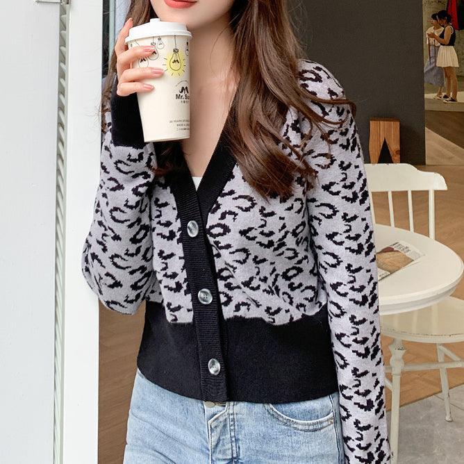 Women s Gray Cardigan with Leopard Pattern