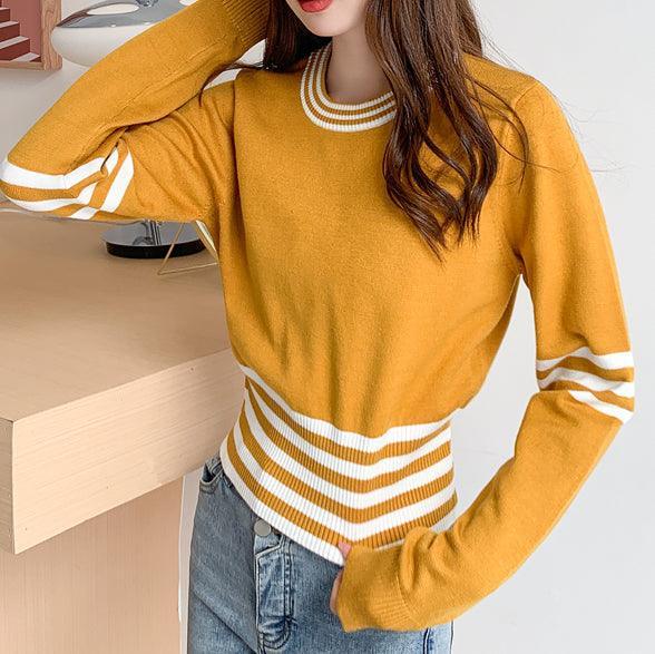 Women's Orange Sweater with Striped Hem