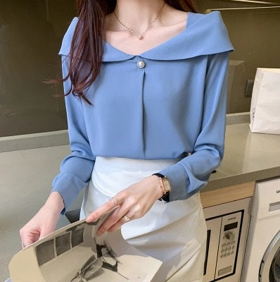 Women's V Neck Blue Shirt with Pearl Button