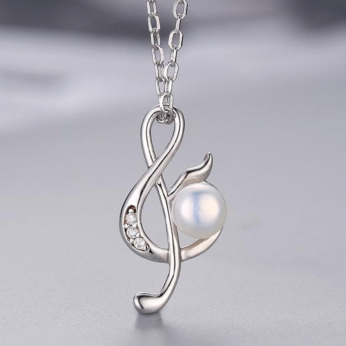 White Gold Plated Note Shape Pearl Necklace - Maple