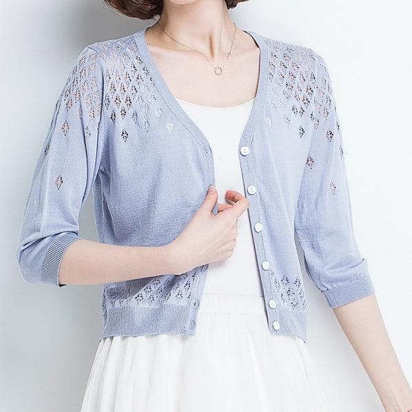 Women's Three Quarter Sleeve Blue Cardigan with Cutout Cropped M Women's Three Quarter Sleeve Blue Cardigan with Cutout Cropped M