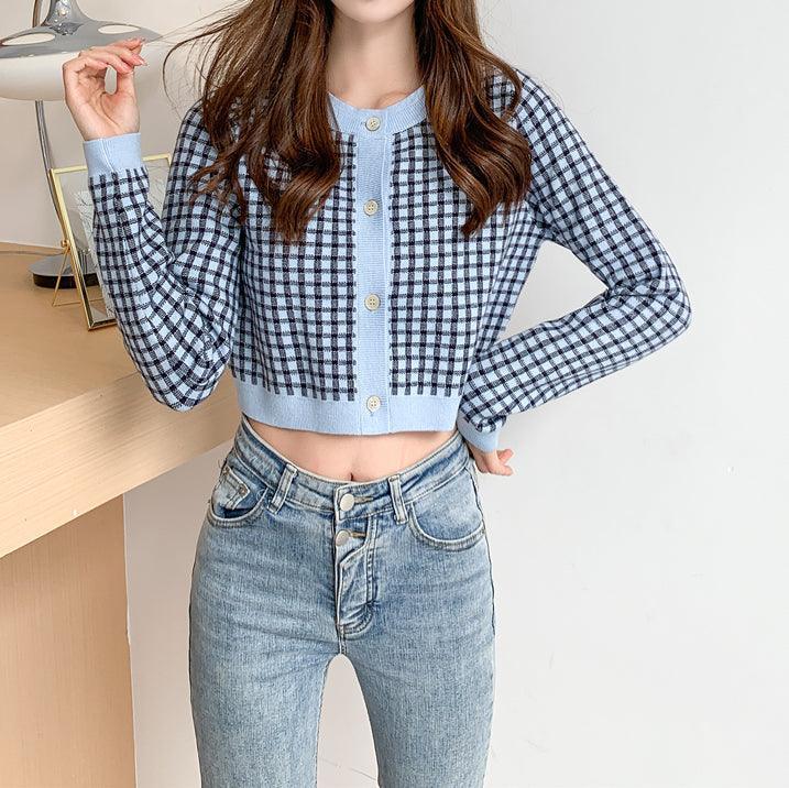 Women Square Pattern Cropped Cardigan Blue front