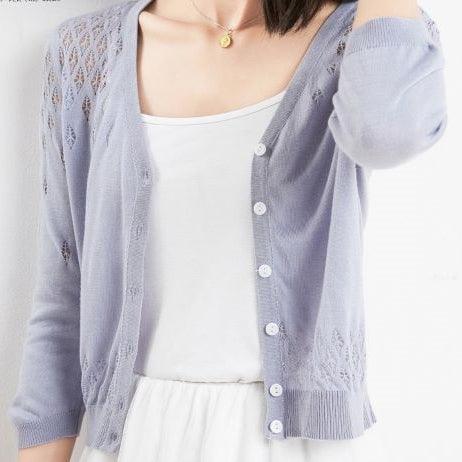 Women's Three Quarter Sleeve Blue Cardigan with Cutout Cropped