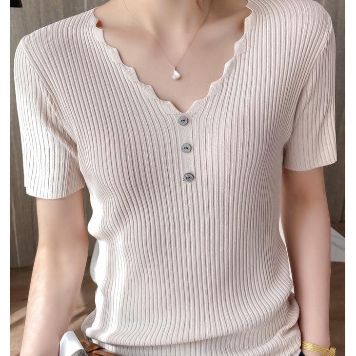 Women's Slim V-neck Vertical Striped Knitted Shirt - Maple