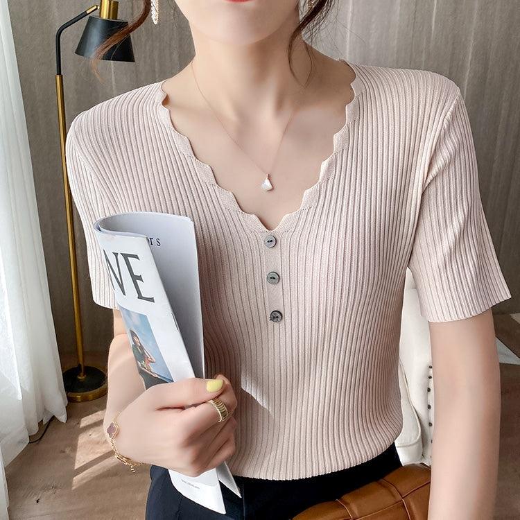 Women's Slim V-neck Vertical Striped Knitted Shirt - Maple