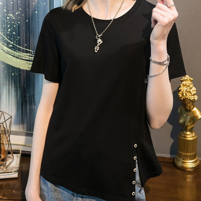 Women's Round Neck Black Tops with Solid pattern