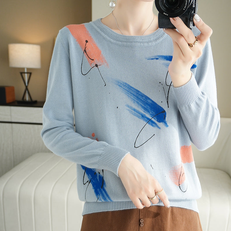 Women's Sky Blue Sweater with Color Splash pattern