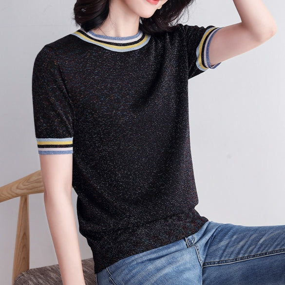 Women's Black Tops with Striped Cuff