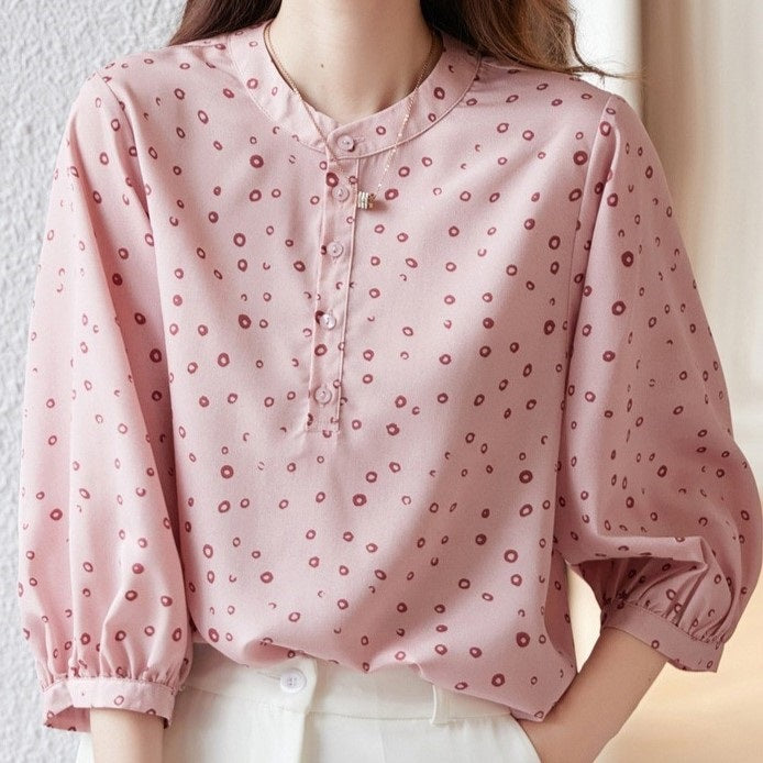 Women's Button Fly Pink Blouse with Palka Dot pattern