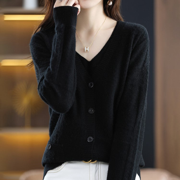 Women's Black Cardigan with Solid Pattern