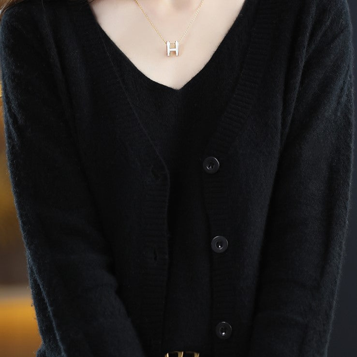 Women's Black Cardigan with Solid Pattern