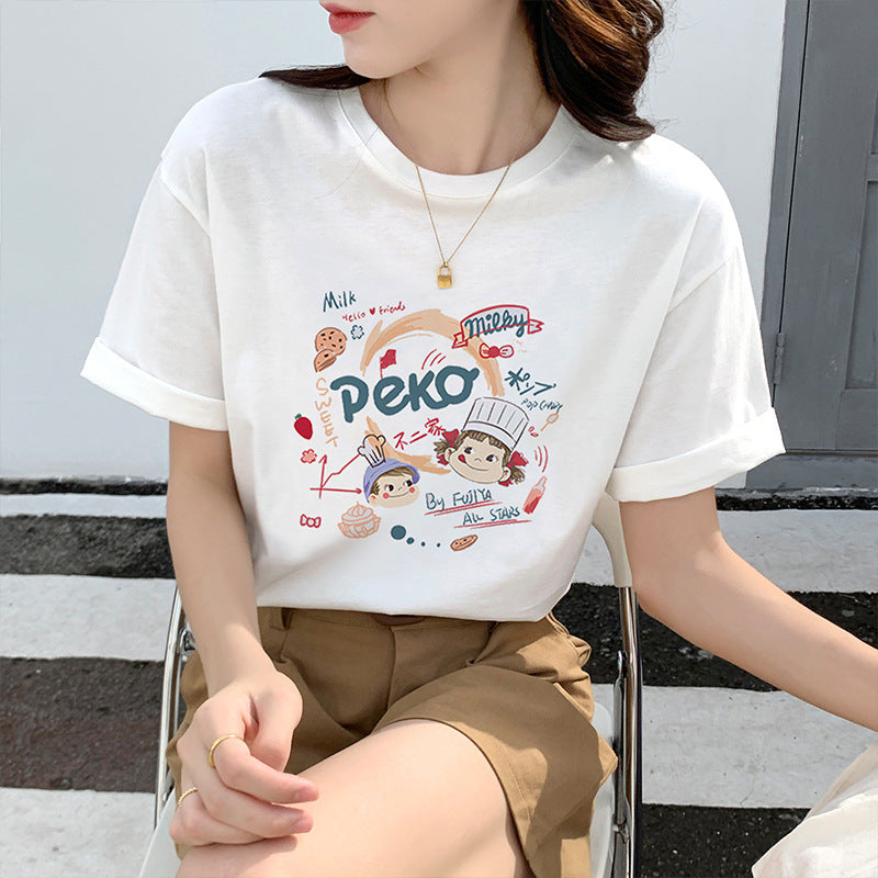 Women's White Tops with Cartoon Pattern