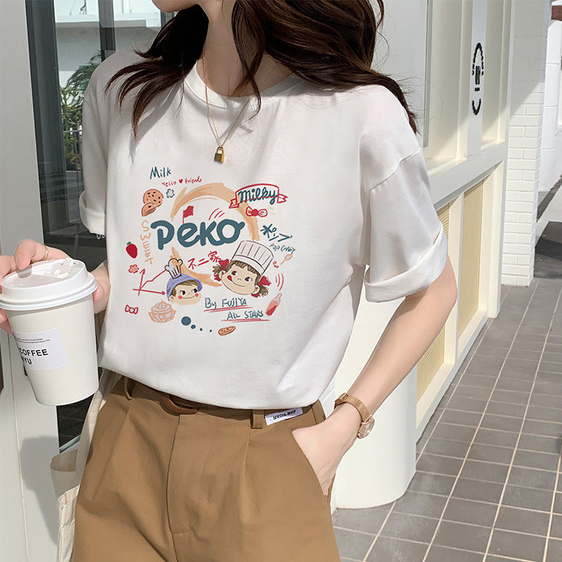 Women's White Tops with Cartoon Pattern