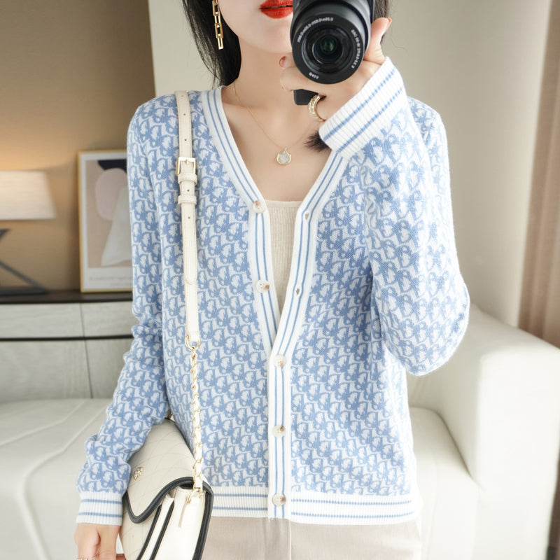 Women's Blue Cardigan with Plaid Pattern