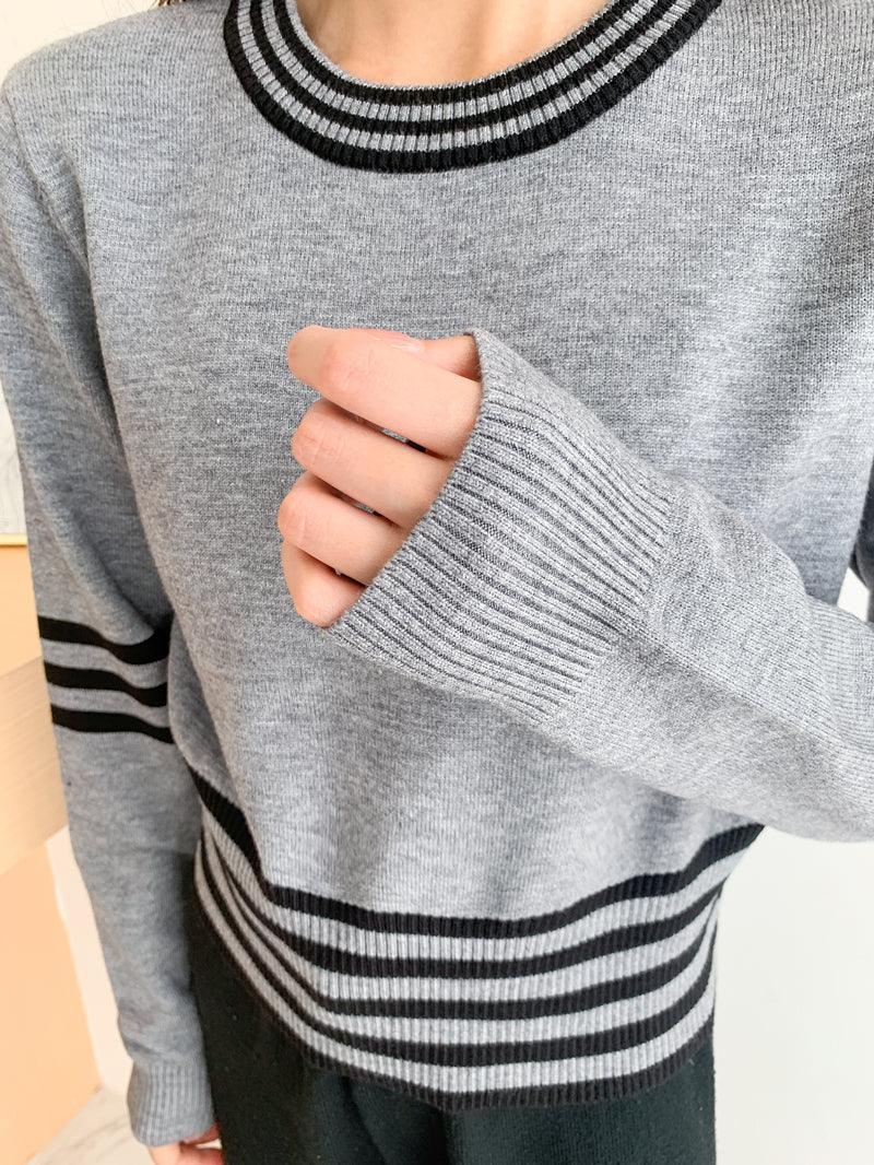 Women s Gray Sweater with Striped Hem