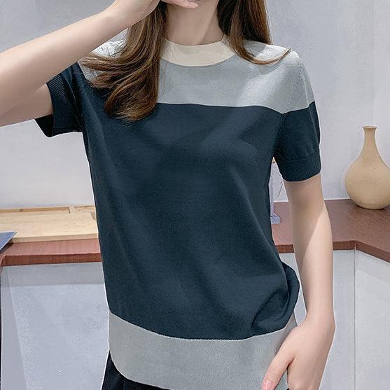 Women's Dark Blue Color Block Casual T-Shirt - Maple