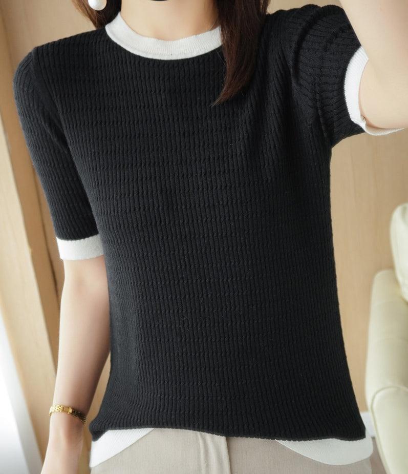 Women's Round Neck Casual Short Sleeve Contrast Knit Sweater - Maple