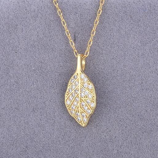 Gold Plated Leaf Shape Diamond Cross Chain Necklace - Maple