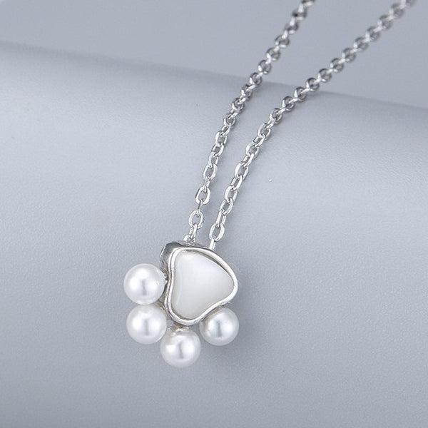 White Gold Plated Cat Paw Pearl Necklace - Maple