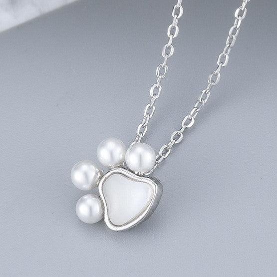 White Gold Plated Cat Paw Pearl Necklace - Maple