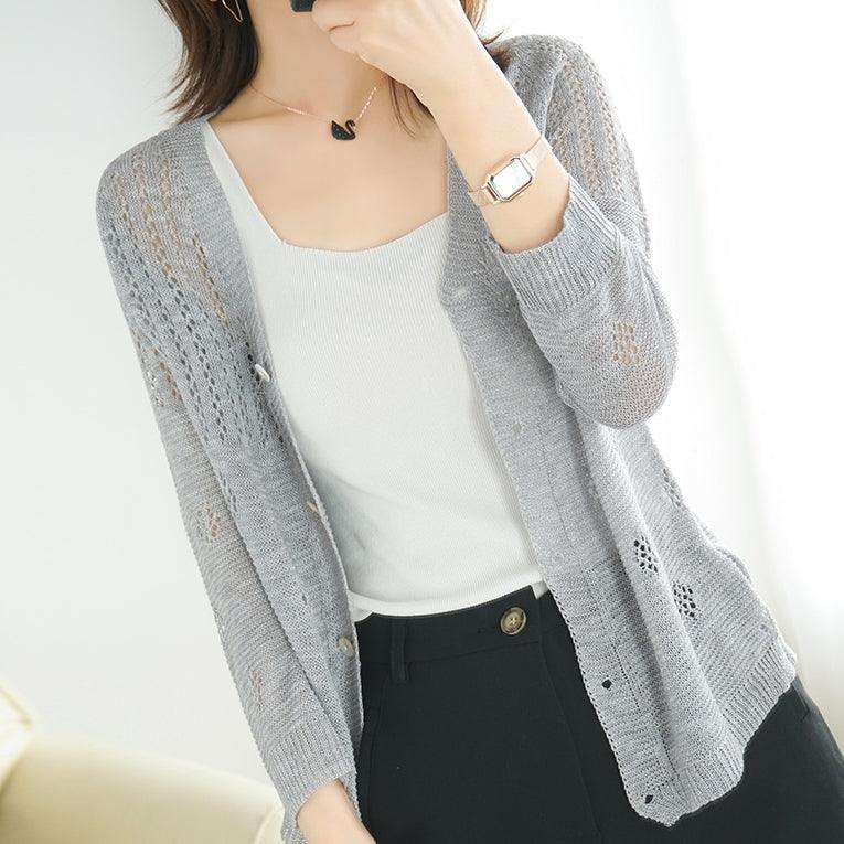 Women's V-Neck Hollow Knitted Cardigan - Maple