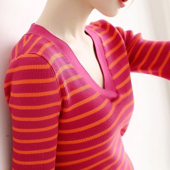 Women's V-Neck Striped Short Sleeve Knitted Sweater - Maple