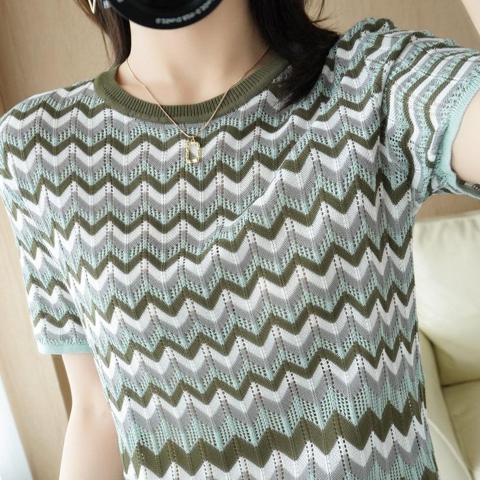 Women's Crewneck Polyline Pattern Knitted Shirt - Maple