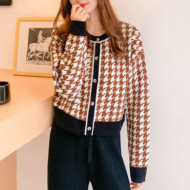 Women's Brown Cardigan with Geometric Pattern