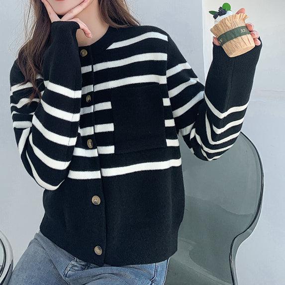 Women White Stripe Cardigan Sweater Black front